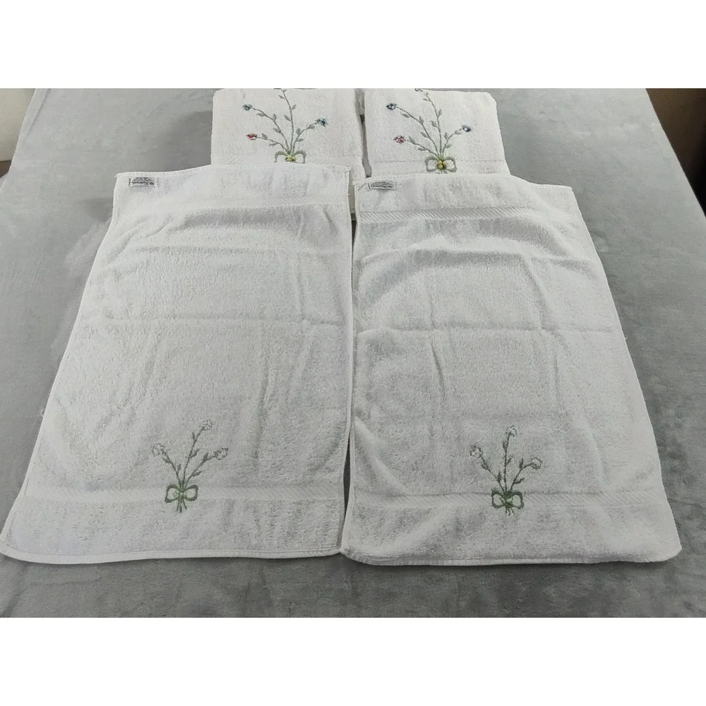 Vintage Fieldcrest Embroidered Floral Towel Set 6pc Cotton Cream Made in USA